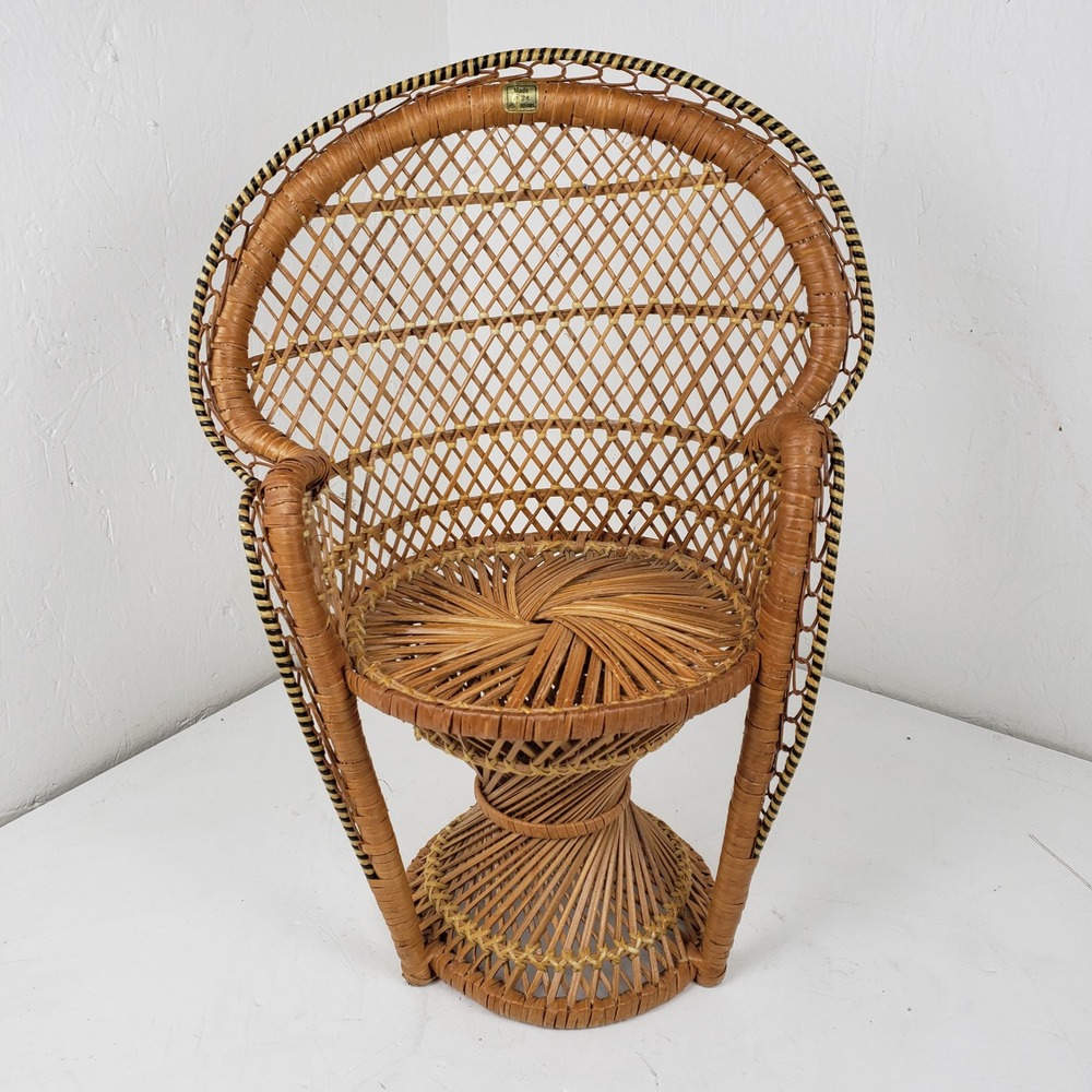 Vintage Miniature Wicker Peacock Chair 16in Boho Rattan Doll Plant Stand Decor
